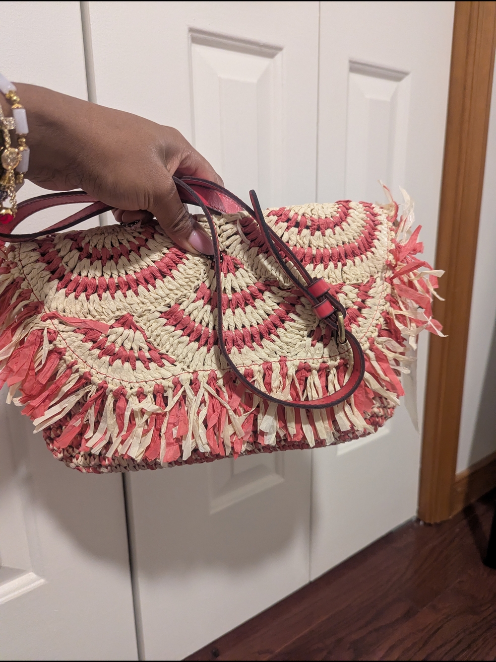 Patricia Nash Coral and Natural Straw Fringe Crossbody